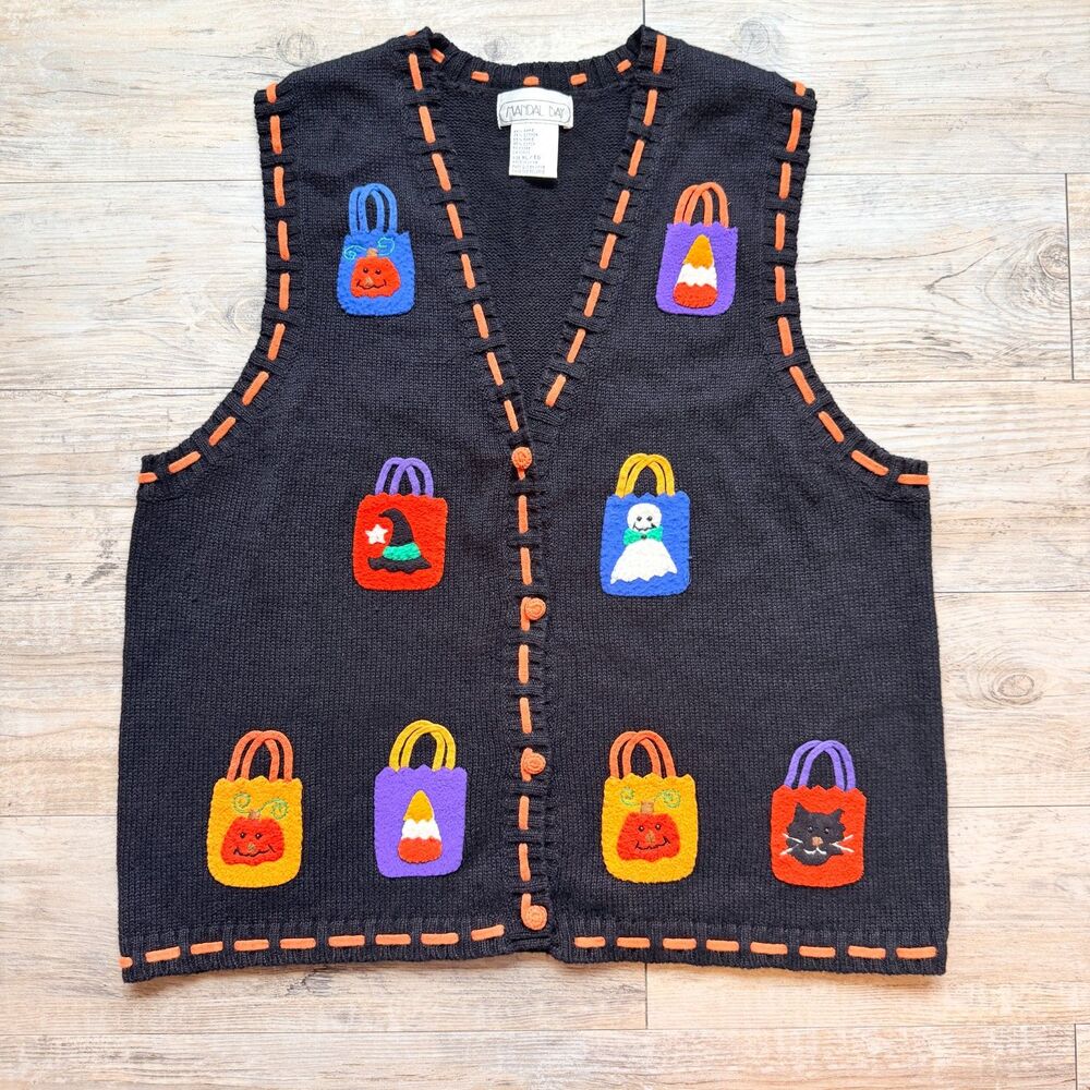 Vintage Halloween Sweater Vest Mandal Bay XL Black Trick or Treat Bag Pumpkin